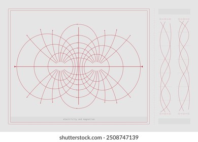 Visualisierung von elektromagnetischen Feldlinien, die die Wechselwirkung zwischen elektrischen und magnetischen Feldern veranschaulichen. Wissenschaft. Moderne Ästhetik, minimalistische Kunst. Vektordesign für kreatives Cover, Poster und Werbung