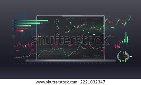 Visualization of financial graph of financial market analytics on the background of a laptop, report from business analysis, global economy, vector illustration