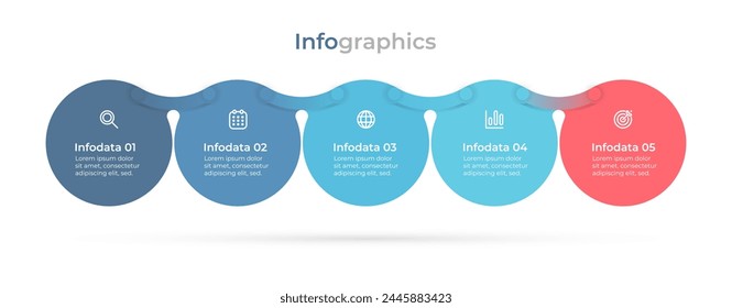 Visualization of five connected circles in an infographic.Business process with 5 steps, options, or parts.