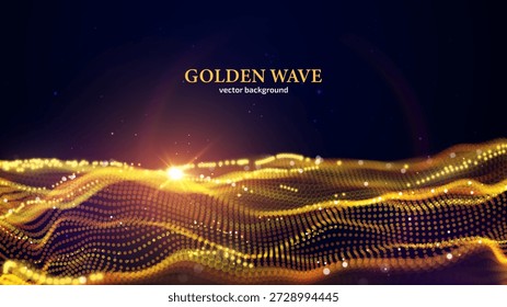 Visualización de ondas dinámicas fluidas compuestas de partículas doradas brillantes. Concepto de éxito y elegancia. Bueno para el empaquetado de lujo del producto de la marca de gama alta y la invitación exclusiva del acontecimiento de la gala