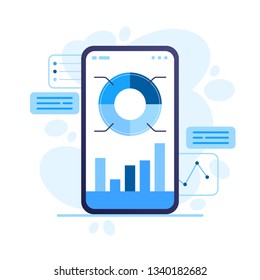 Visualization with graph and chart marketing growth. Market trend analysis on smartphone with line chart and graphs. Data analysis concept. Vector flat illustration.