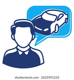 Visualization icon represented by man, car in bubble chat Dualtone style.