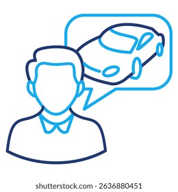 Visualization icon represented by man, car in bubble chat Dual Line style.