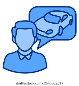 Visualization icon represented by man, car in bubble chat Blue style.