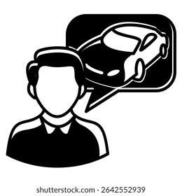 Visualization icon represented by man, car in bubble chat Black Filled style.
