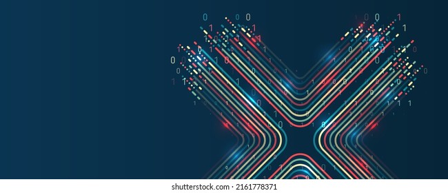 Visualization of a large amount of data. Abstract transformation of information. Processing sorting data fragmentation. Business analytics. The flow of information in the form of waves and particles. 