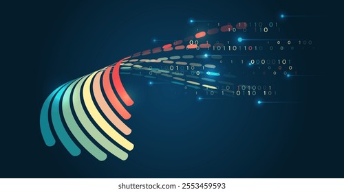 Visualization of a large amount of data. Abstract transformation of information. Processing sorting data fragmentation. Business analytics. The flow of information in the form of waves and particles.