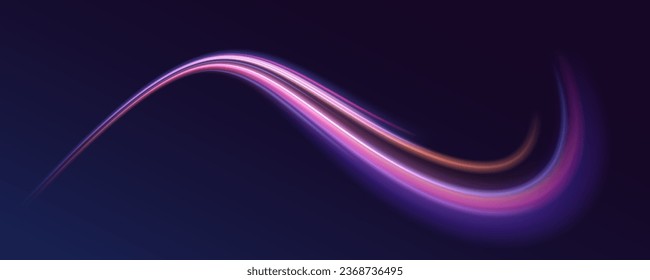 Visualization of large data traffic, dynamic high speed data flow in the form of neon line of various shapes: stripe, zigzag, arc and curve. Expressway, the effect of car headlights.	