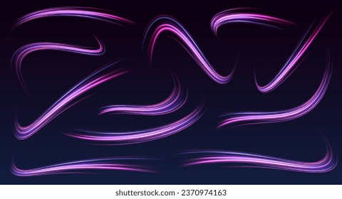 Visualization of large data traffic, dynamic high speed data flow in the form of neon line of various shapes: stripe, zigzag, arc and curve. Expressway, the effect of car headlights.	