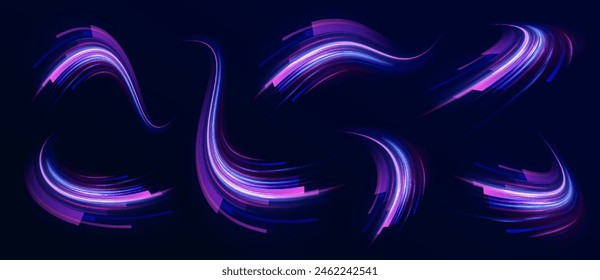 Visualization of large data traffic, dynamic high speed data flow in the form of neon line of various shapes: stripe, zigzag, arc and curve. Expressway, the effect of car headlights.	