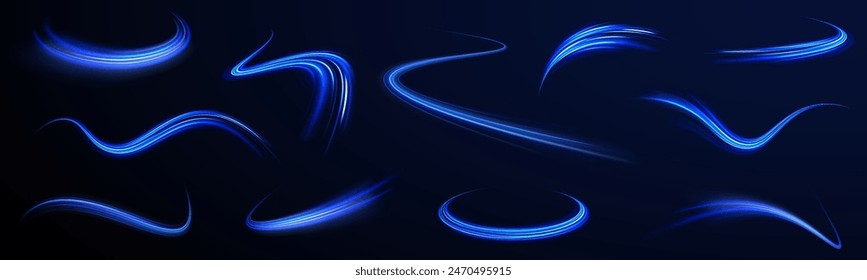 Visualization of large data traffic, dynamic high speed data flow in the form of neon line of various shapes: stripe, zigzag, arc and curve. Expressway, the effect of car headlights.	