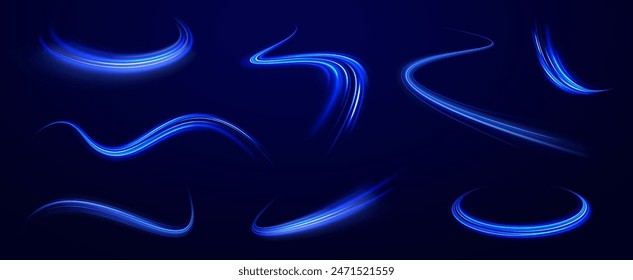 Visualization of large data traffic, dynamic high speed data flow in the form of neon line of various shapes: stripe, zigzag, arc and curve. Expressway, the effect of car headlights.	