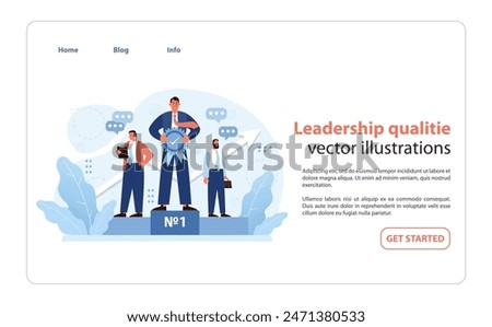 Visualization of leader qualities, portraying authority and teamwork with a confident figure standing as number one. The essence of leadership. Flat vector illustration.