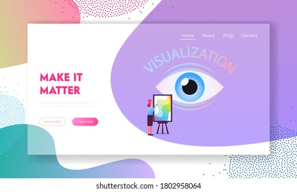 Plantilla de página de inicio de visualización, pensamiento positivo. Personajes femeninos pintando imágenes de la comadreja con una mirada humana enorme. Mujer dibujando sueño y deseo por el futuro. Ilustración del vector de dibujos animados
