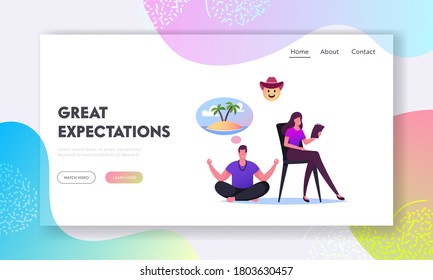 Visualization, Positive Thinking Landing Page Template. Character Dreaming about Wishes Come True. Man Sitting in Lotus Posture Imagine Tropical Island, Wish List. Cartoon People Vector Illustration