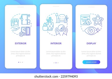 Visualization in retail marketing blue gradient onboarding mobile app screen. Walkthrough 3 steps graphic instructions with linear concepts. UI, UX, GUI template. Myriad Pro-Bold, Regular fonts used