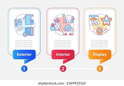 Visualización en plantilla de infografía rectangular de marketing minorista. Visualización de datos con 3 pasos. Gráfico de información de línea de tiempo editable. Diseño de flujo de trabajo con iconos de línea. Multitud de tipos de letra Pro-Bold, con uso regular
