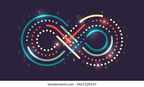 Visualization of sorting a large amount of data in the form of infinity. Process of information analysis. Vector illustration, information flow on a dark background. 