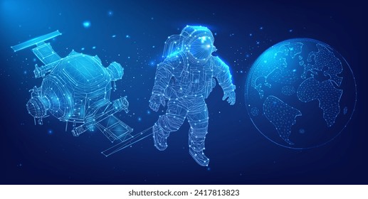 Visualisierung von Elementen der Weltraumforschung mit digitalem Astronaut, Hubschrauber und Erdkugel im Wireframe-Design. Digital Wireframe Space Exploration Trio: Astronaut, Hubschrauber und Erdenglobus