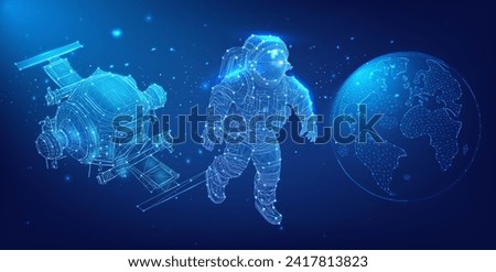 Visualization of space exploration elements with a digital astronaut, helicopter, and Earth globe in wireframe design. Digital Wireframe Space Exploration Trio: Astronaut, Helicopter, and Earth Globe