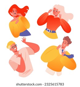 Visualization of topics about self-doubt, social stress, phobias or mental health, aspects of psychological well-being. Vector illustration set of frightened women and men. Unique pose and gesture