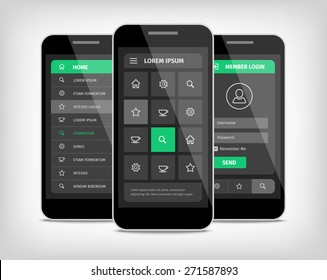 Visualization of user mobile interface design. Gray background with green buttons. Realistic mobile illustration.