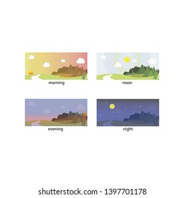 Visualization of various times of day. Morning, noon and night. Flat style vector illustrations