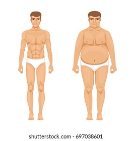 Visualization of weight loss. Muscular and fat man. Vector cartoon illustration of lifestyle