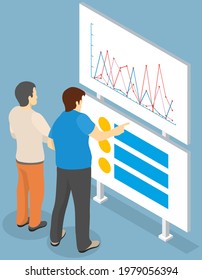 Visualize with business analytics. People work with statistical data analysis, changing indicators. Employees analyze statistical indicators, business data. Characters work with marketing research