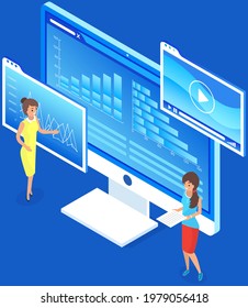 Visualize with business analytics. People work with statistical data analysis, changing indicators. Employees analyze statistical indicators, business data. Characters work with marketing research