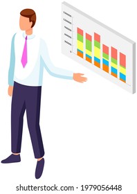 Visualize with business analytics. People work with statistical data analysis, changing indicators. Employees analyze statistical indicators, business data. Characters work with marketing research
