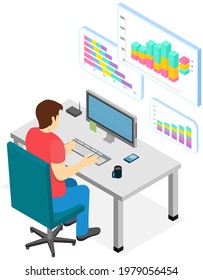 Visualize with business analytics. People work with statistical data analysis, changing indicators. Employees analyze statistical indicators, business data. Characters work with marketing research