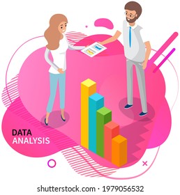 Visualize with business analytics. People work with statistical data analysis, changing indicators. Employees analyze statistical indicators, business data. Characters work with marketing research