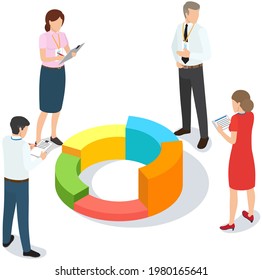 Visualize with business analytics. People work with statistical data analysis, changing indicators. Employees analyze statistical indicators, business data. Characters work with marketing research