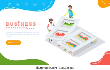 Visualize with business analytics. People work with statistical data analysis, changing indicators. Employees analyze statistical indicators, business data. Characters work with marketing research