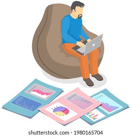 Visualizar con análisis de negocio. Las personas trabajan con análisis de datos estadísticos, indicadores cambiantes. Los empleados analizan los indicadores estadísticos y los datos empresariales. Los caracteres trabajan con la investigación de marketing