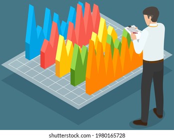 Visualize with business analytics. People work with statistical data analysis, changing indicators. Employees analyze statistical indicators, business data. Characters work with marketing research