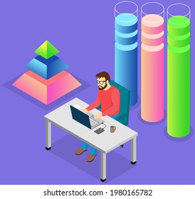 Visualize with business analytics. People work with statistical data analysis, changing indicators. Employees analyze statistical indicators, business data. Characters work with marketing research