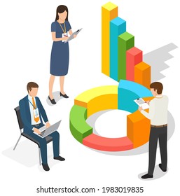 Visualize with business analytics. People work with statistical data analysis, changing indicators. Employees analyze statistical indicators, business data. Characters work with marketing research