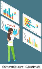 Visualize with business analytics. People work with statistical data analysis, changing indicators. Employees analyze statistical indicators, business data. Characters work with marketing research