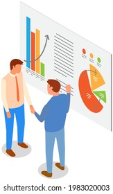 Visualize with business analytics. People work with statistical data analysis, changing indicators. Employees analyze statistical indicators, business data. Characters work with marketing research
