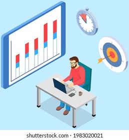 Visualize with business analytics. People work with statistical data analysis, changing indicators. Employees analyze statistical indicators, business data. Characters work with marketing research
