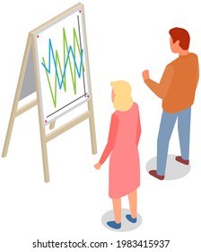 Visualize with business analytics. People work with statistical data analysis, changing indicators. Employees analyze statistical indicators, business data. Characters work with marketing research