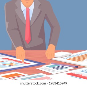 Visualize with business analytics. People work with statistical data analysis, changing indicators. Employees analyze statistical indicators, business data. Characters work with marketing research
