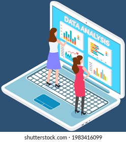 Visualize with business analytics. People work with statistical data analysis, changing indicators. Employees analyze statistical indicators, business data. Characters work with marketing research