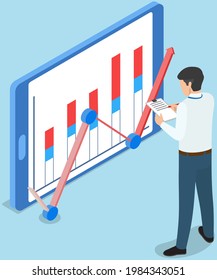 Visualize with business analytics. People work with statistical data analysis, changing indicators. Employees analyze statistical indicators, business data. Characters work with marketing research