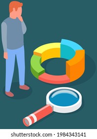 Visualize with business analytics. People work with statistical data analysis, changing indicators. Employees analyze statistical indicators, business data. Characters work with marketing research