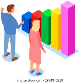 Visualize with business analytics. People work with statistical data analysis, changing indicators. Employees analyze statistical indicators, business data. Characters work with marketing research