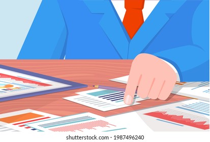Visualizar con análisis de negocio. Las personas trabajan con análisis de datos estadísticos, indicadores cambiantes. Los empleados analizan los indicadores estadísticos y los datos empresariales. Los caracteres trabajan con la investigación de marketing