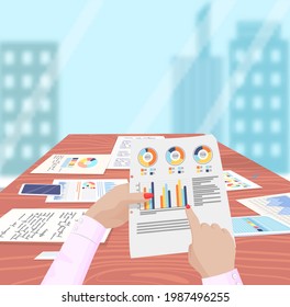 Visualize with business analytics. People work with statistical data analysis, changing indicators. Employees analyze statistical indicators, business data. Characters work with marketing research